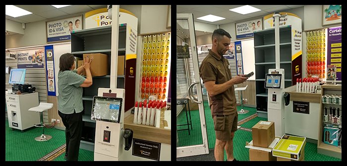 Position Imaging package pickup station in a Timpson store: staff stocking a parcel and a UPS driver scanning at the kiosk