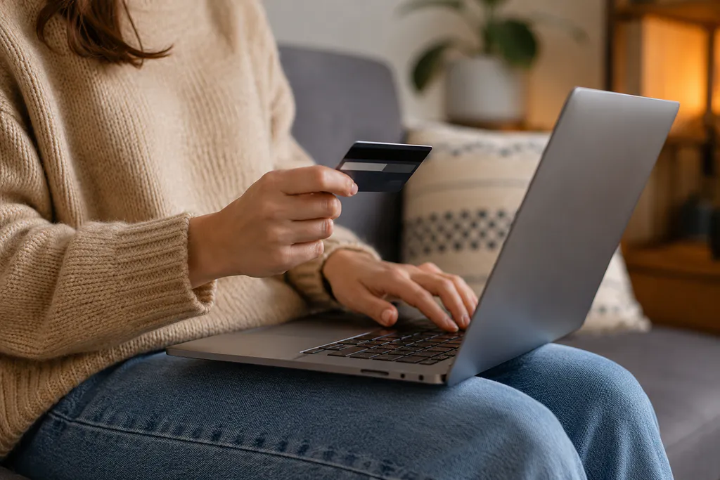 Woman holding credit card while using laptop computer for online shopping or payment