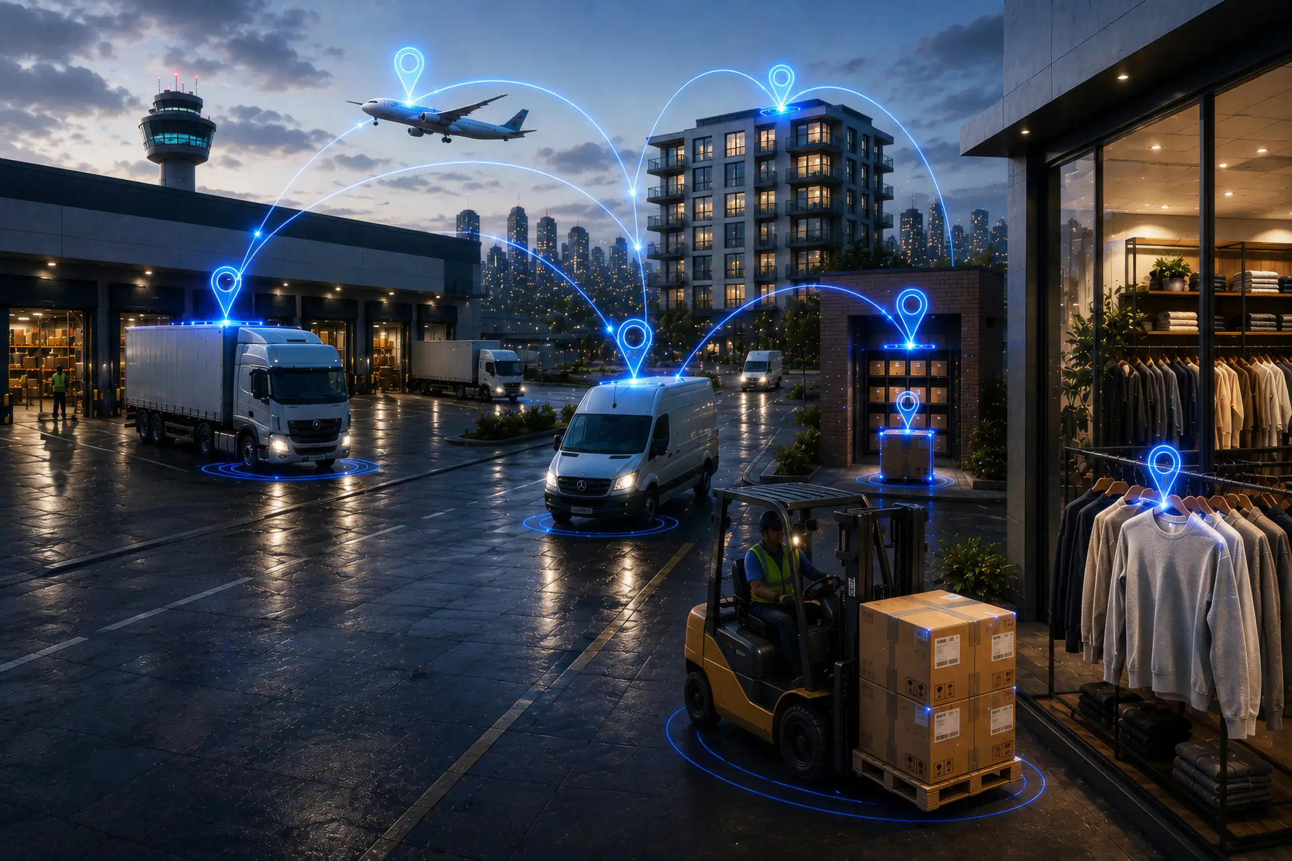 Modern logistics and supply chain network visualization showing connected delivery vehicles, aircraft, warehouse, and retail store with glowing blue location markers and route lines at dusk.