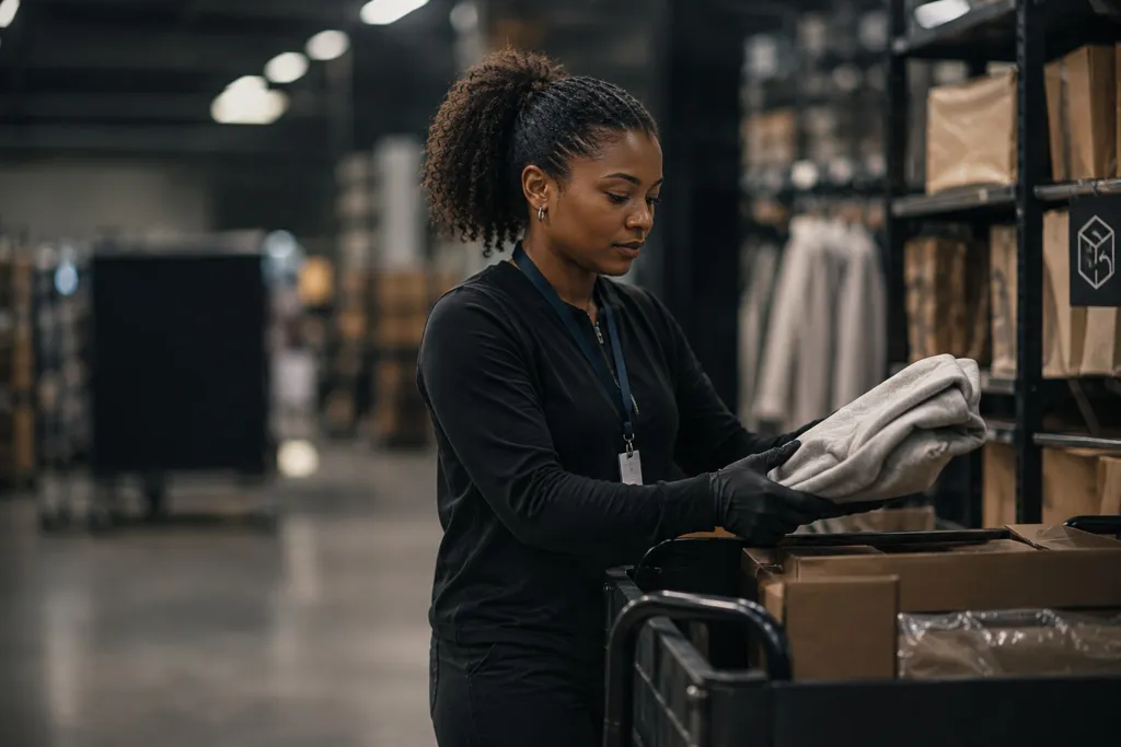 Retail worker in black uniform organizing folded clothing items on shelves in a store warehouse or stockroom.