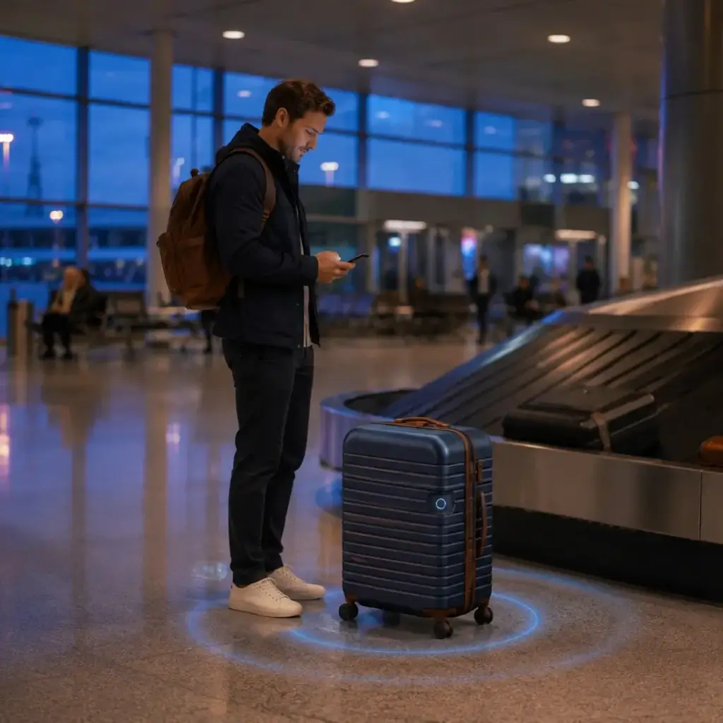 Man with backpack checking phone next to smart suitcase at airport baggage claim carousel during evening hours.