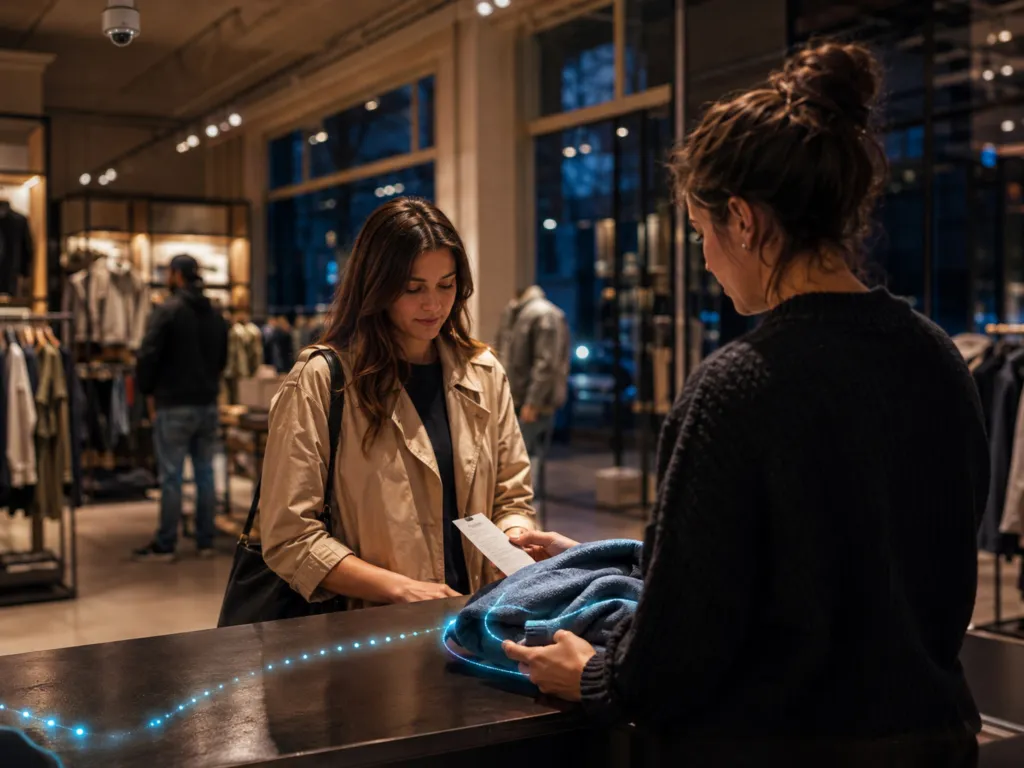 Customer receiving folded clothing and receipt from sales associate at retail store checkout counter.