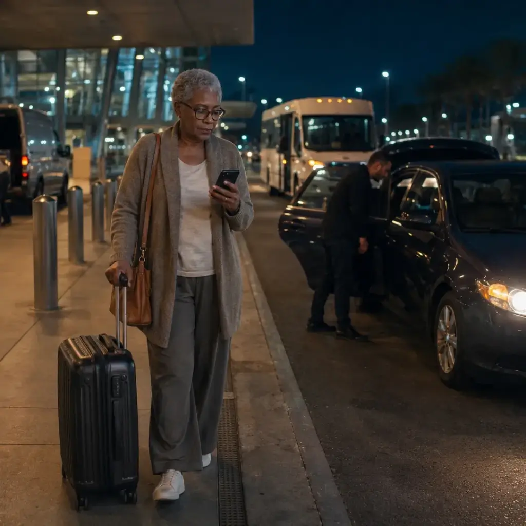 Woman with suitcase checking phone at airport pickup area at night with buses and cars in background