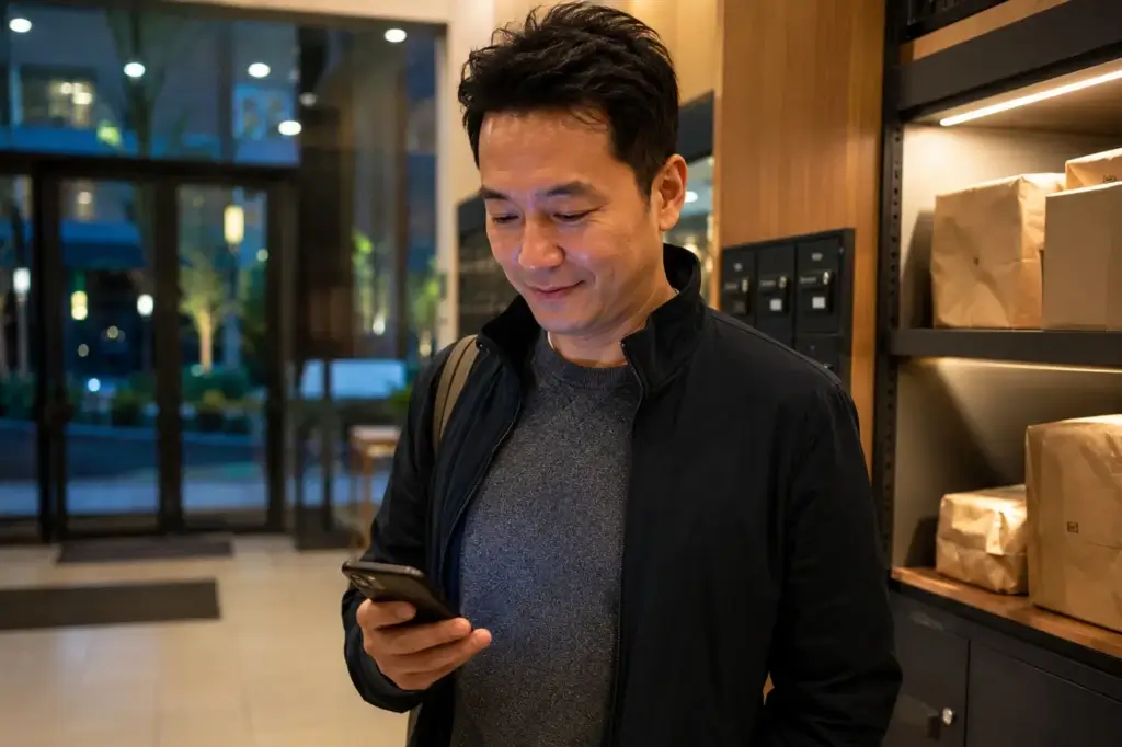 Man in black jacket looking at smartphone while standing in modern building lobby near shelves with paper bags