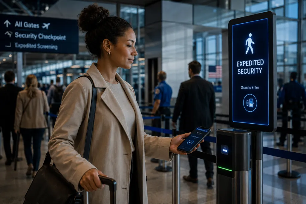 Woman scanning mobile phone at airport expedited security checkpoint kiosk while pulling luggage