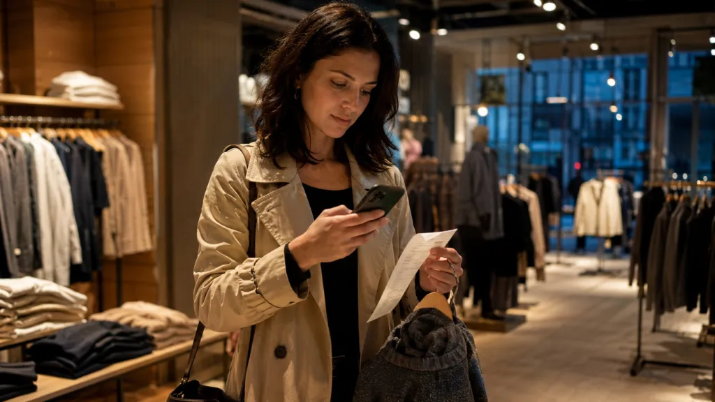 Woman in beige trench coat using smartphone while holding receipt and shopping bag in a clothing store.
